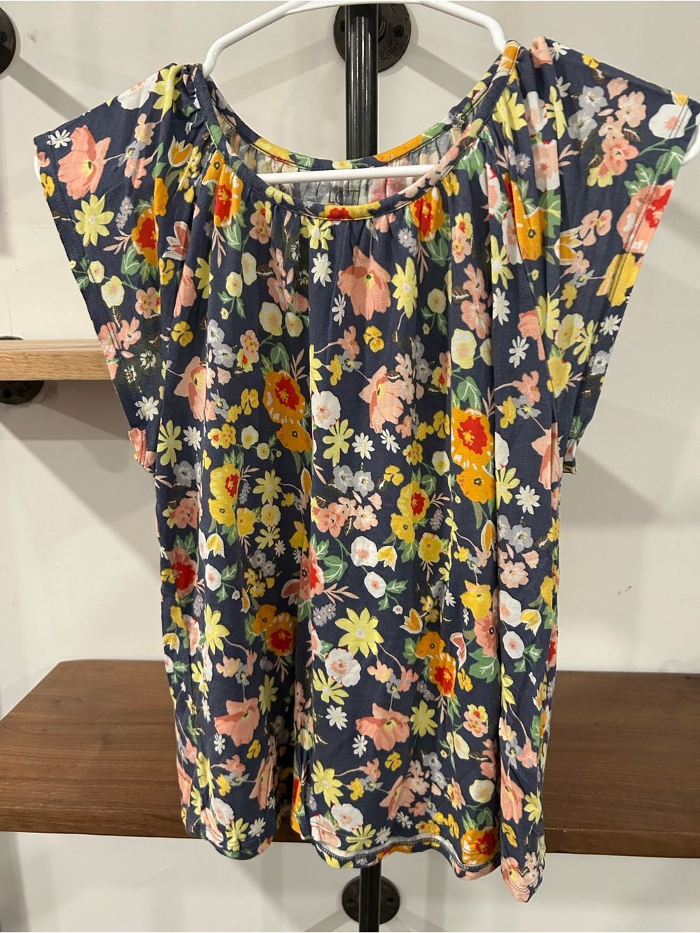 LOFT Navy Floral Cap-Sleeve Top